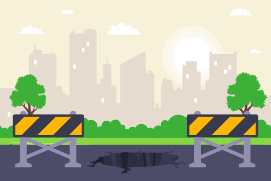 A pothole in the road is marked with signs. Flat illustration.