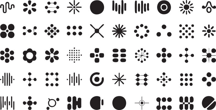Abstract retro shapes, basic brutal forms and figures in Y2K aesthetics, vintage stickers, logos, labels. Decorative design elements, vector illustration.