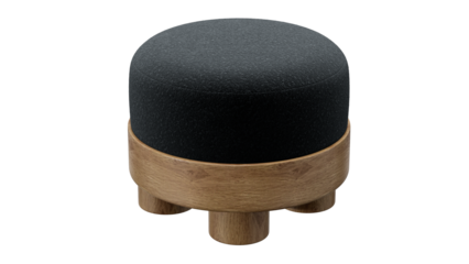 Modern round ottoman with wooden base, black fabric stool