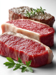 Fototapeta premium Raw and cooked beef steak with marbling, fresh parsley garnish, juicy texture, gourmet food, high protein, appetizing