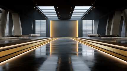 Futuristic minimalist interior with sleek lines, polished floor, ambient lighting, and modern architecture, evoking high tech atmosphere