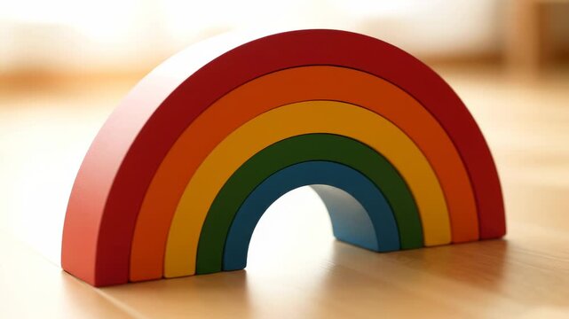 A vibrant wooden rainbow toy sits on a warm wooden floor. This colorful stacker promotes creative play and early childhood development.