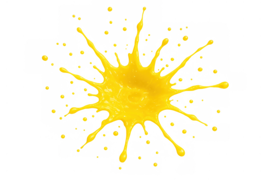 Bright yellow liquid paint splashing with many drops and streaks, creating an abstract burst. Transparent background