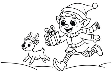 Christmas elf with gift running with a reindeer, coloring page, vector illustration