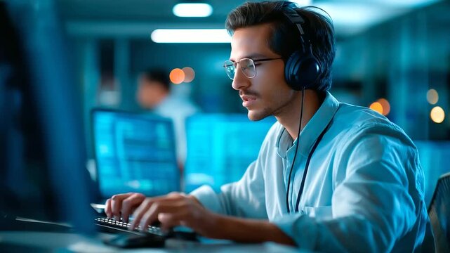 Deep learning specialist training models in a high performance computing room monitoring progress on servers with GPU stats wearing headphones for focus charts showing accuracy
