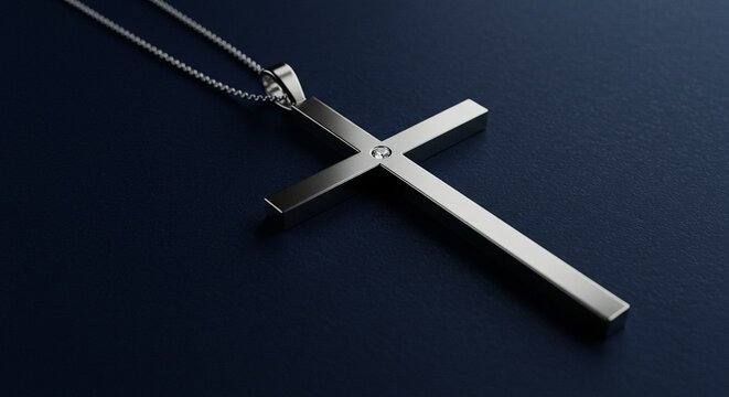 Elegant silver cross pendant necklace with a sparkling gemstone on a navy background.