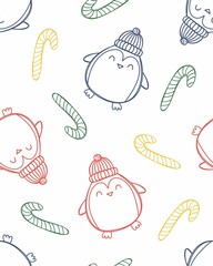 Seamless raster pattern with colorful line drawings of cute penguins in a hat and a candy cane on a white background