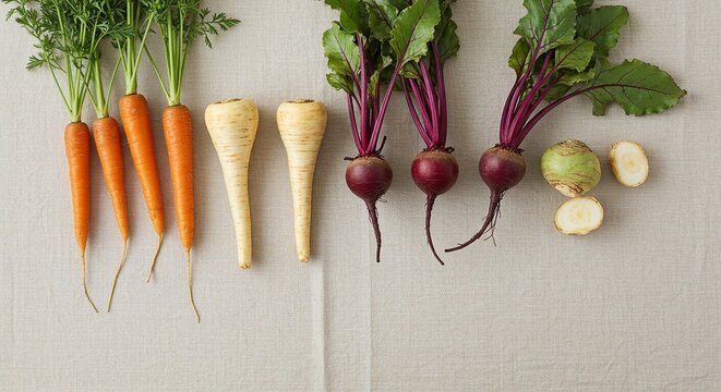 Assortment of vibrant root vegetables: carrots, parsnips, beets and turnips freshly picked. - Powered by Adobe
