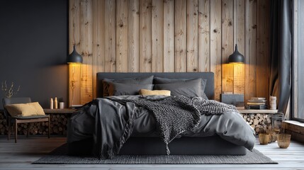 dark cozy bedroom with wooden walls, warm gold bedside lighting, rich textures, scandinavian style