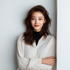 Confident Korean woman with long wavy brown hair, wearing white shirt and black turtleneck, smiling indoors against white wall