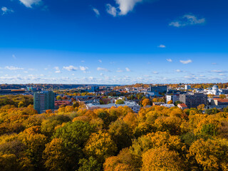 Obraz premium Kaunas landscape, Lithuania. Panoramic view of city center in autumn. Aerial drone view photo