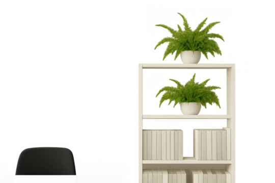 Office shelf with green potted plants and books transparent background for modern interior design elements - Powered by Adobe