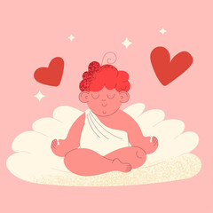 Cute cupid meditating on cloud with hearts in soft pink flat style for Valentines Day and love concepts