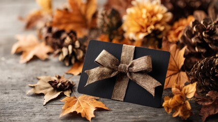 A beautiful gift card adorned with a golden bow rests on a wooden surface surrounded by autumn decor.