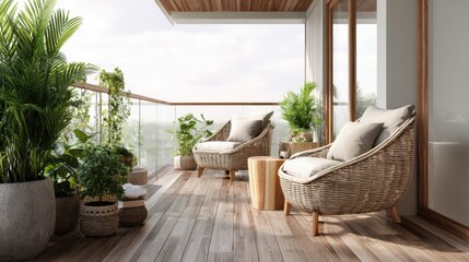 eco balcony with wood floor, woven armchairs, potted plants, natural daylight, serene vibe