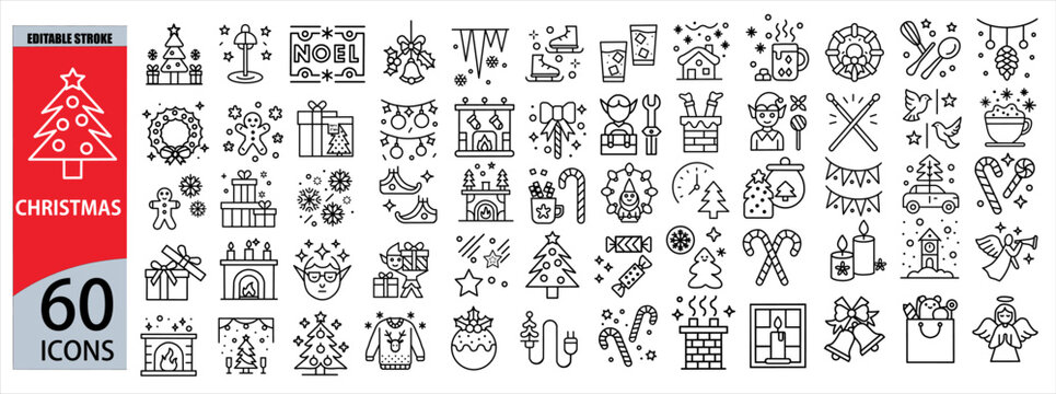 Christmas Celebrations related icons set, Editable Stroke, Line Icons, Christmas icons collection featuring festive symbols like trees, gifts, and the New Year Celebrations