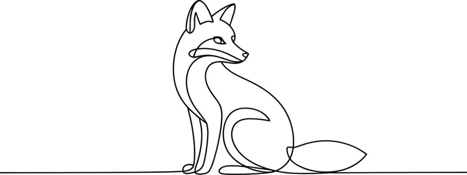 Black line art fox sitting on white background animal