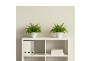 Minimalist bookshelf with green potted plants, binders, and books, clean office decor on transparent background
