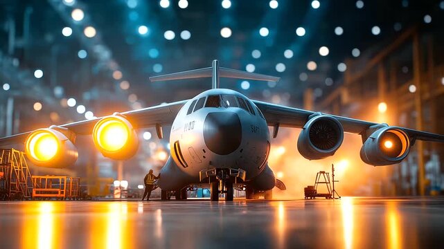 Ground testing scene of a large military style heavy lift transport aircraft equipped with sustainable aviation fuel (SAF) compatible engines smoke trails indicating emission