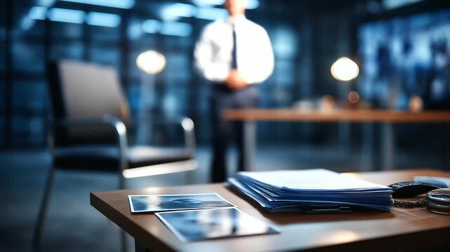 Interrogation room two way mirror recording equipment interview table metal chairs fluorescent lighting case files evidence photos suspect questioning witness testimony voice