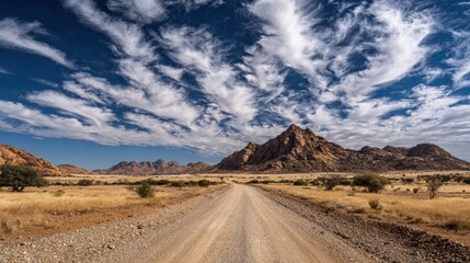 Fototapeta premium A dirt road stretches through golden grassland leading towards rocky mountains under a vivid sky filled with clouds.