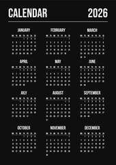 Black English 2026 year calendar template single vertical page with 12 month. Week starts on Monday layout yearly planner 