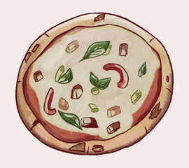 Hand-drawn Pizza with sliced ingredients, basil leaves. Textured watercolor Paint. Peppers, zucchini, meat. Italian cuisine in restaurant. Isolated food. Cheese, ketchup. Vector color illustration