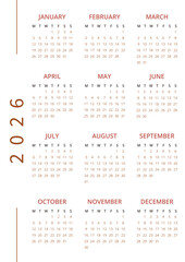 Minimalist English 2026 year calendar template single vertical page with 12 month. Week starts on Monday Layout monthly planner