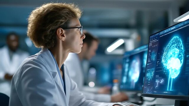 Modern research center laboratory with diverse scientists analyzing AI algorithms on large interactive screens focusing on ethical implications like bias mitigation in societal