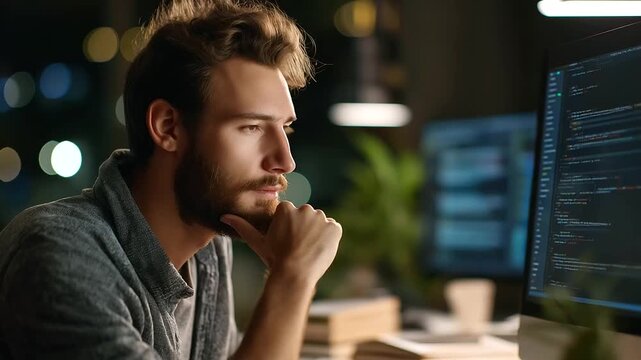 Natural language processing expert refining language models in a quiet office text corpora and sentiment analysis tools on screen collaborating via video call with linguists boo