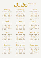 English 2026 calendar year template single vertical page in golden elegant design. Week starts on Monday layout monthly planner 