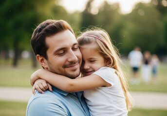Fototapeta premium Affectionate hug between father and daughter, a moment of pure joy, security, and deep love in the park, captured by the warm golden hour light.