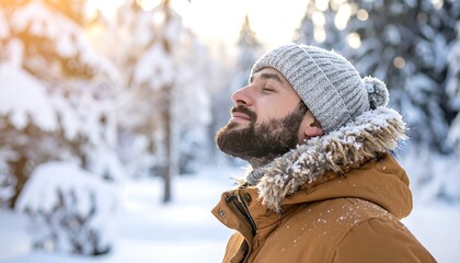 Man in winter jacket and hat, eyes closed, enjoying the sun in a snowy forest, peaceful and relaxed