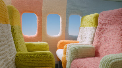 Crocheted airplane cabin – handmade comfort in surreal minimal style. Perfect for travel branding, cozy lifestyle campaigns, and modern editorial visuals.