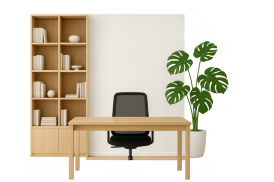 Minimalist home office setup featuring a wooden desk, black office chair, and bookshelf with decorative items