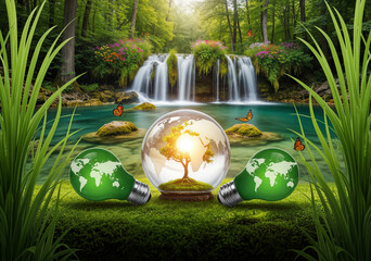 Green energy and planetary safeguard concept, Eco-friendly light bulbs in a lush forest with waterfall, crystal globe, and sunlit tree.