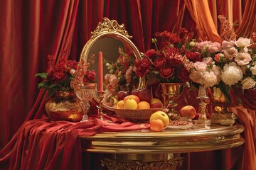 Elegant Still Life Table with Flowers Fruits and Mirror in Luxurious Red and Gold Setting