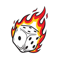 Burning dice illustration – six-sided die with visible numbers and engulfing flames for gaming branding, high-stakes visuals, and luck-themed identity design.