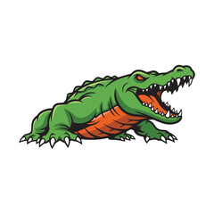 Aggressive alligator illustration – green body, orange underbelly, red eyes, and sharp teeth for mascot branding, gaming identity, and wild character design.
