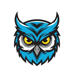 Owl head illustration – sharp yellow eyes, blue-black feathers, and fierce symmetrical design for wisdom branding, mascot identity, and fantasy-themed visuals.