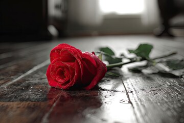 Red Rose with Dew Drops on Wooden Surface in Natural Light