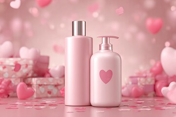 Pink Cosmetic Bottles with Heart Symbol Surrounded by Heart-shaped Decorations and Confetti on Romantic Background