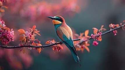 Colorful Bird Sitting on Pink Flowering Tree Branch in Nature