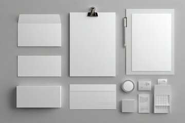 Minimalist White Office Stationery Supplies on Light Gray Background