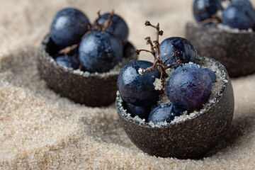 Black Stone Bowls Filled with Blue Grapes on Sand Surface