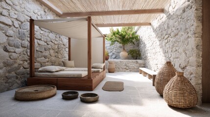 inner courtyard with canopy, woven pet bed, feeding bowls in shade, cozy natural style, light stone floor