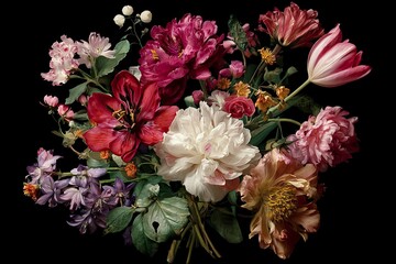 Colorful Flower Bouquet with Pink Red White Purple Green on Black Background