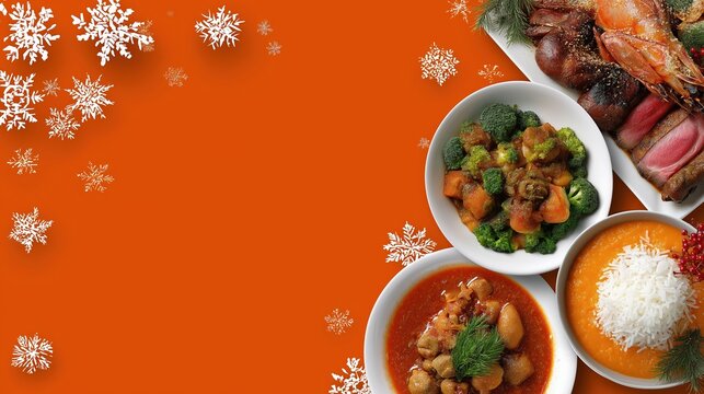 Festive holiday feast with seafood and hearty dishes on orange background with snowflakes - Powered by Adobe