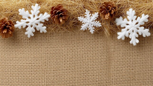 Holiday snowflakes and pine cones on burlap textile background - Powered by Adobe