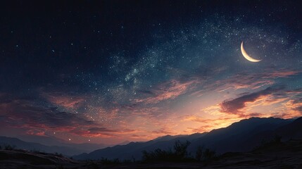 Night Sky with Crescent Moon and Milky Way Over Mountain Range at Sunset